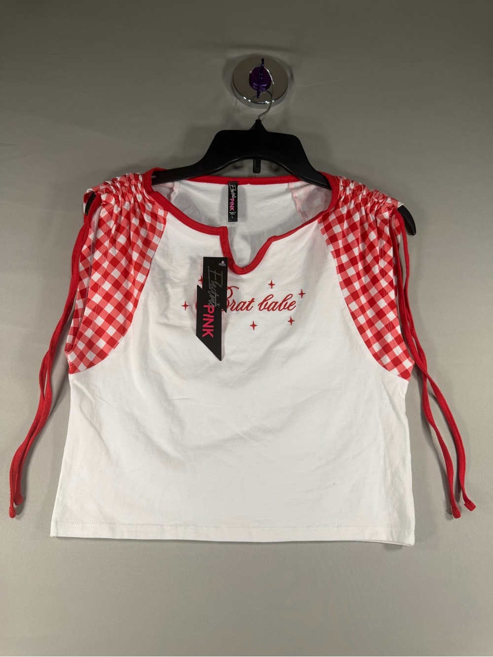 PINK White and Red Gingham Crop Tank Top